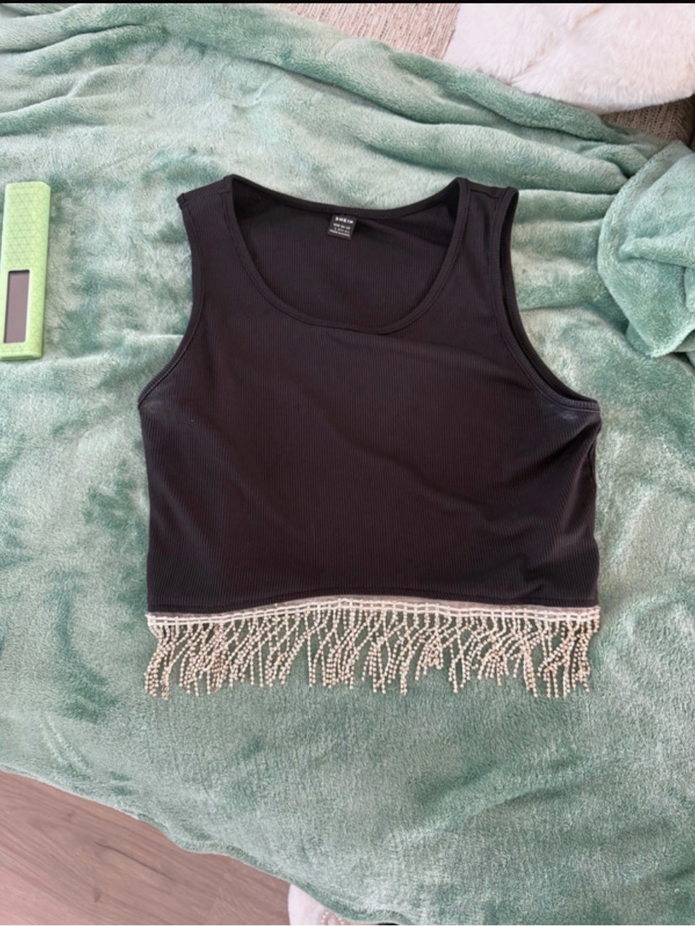 Shein Black Rhinestone Fringe Crop Tank Top